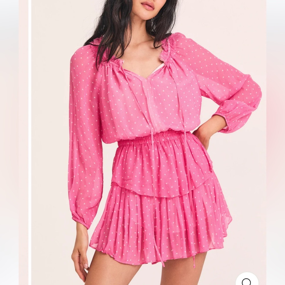 LoveShackFancy Popover Mini Dress Hot Pink Cherry Dot Print NWOT